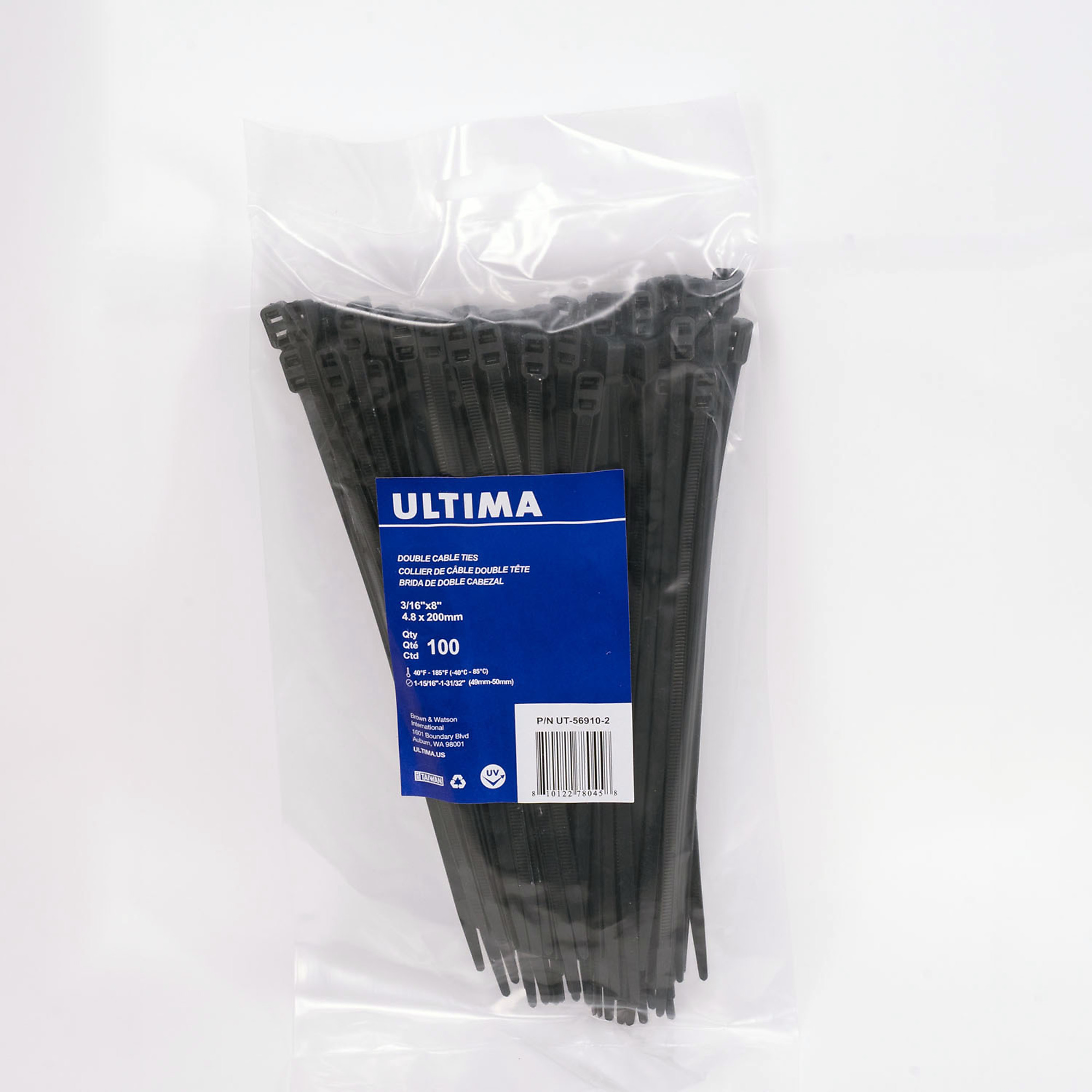 BWI, Double Headed Cable Tie 3/16x8in., Black, 100 Piece, Pieces (qty.) 100 Model# UT-56910-2